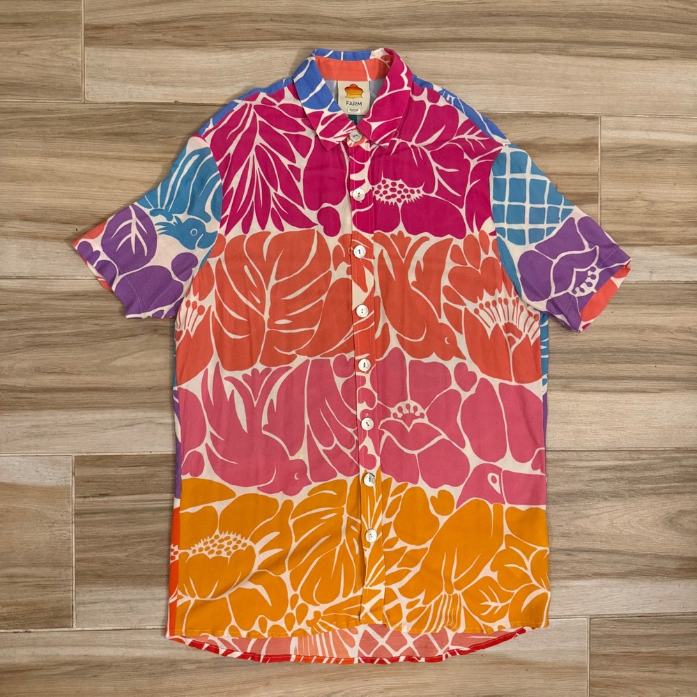 Farm Rio Womens XS Tropical Floral Bird Print Button Down Shirt Short Sleeve